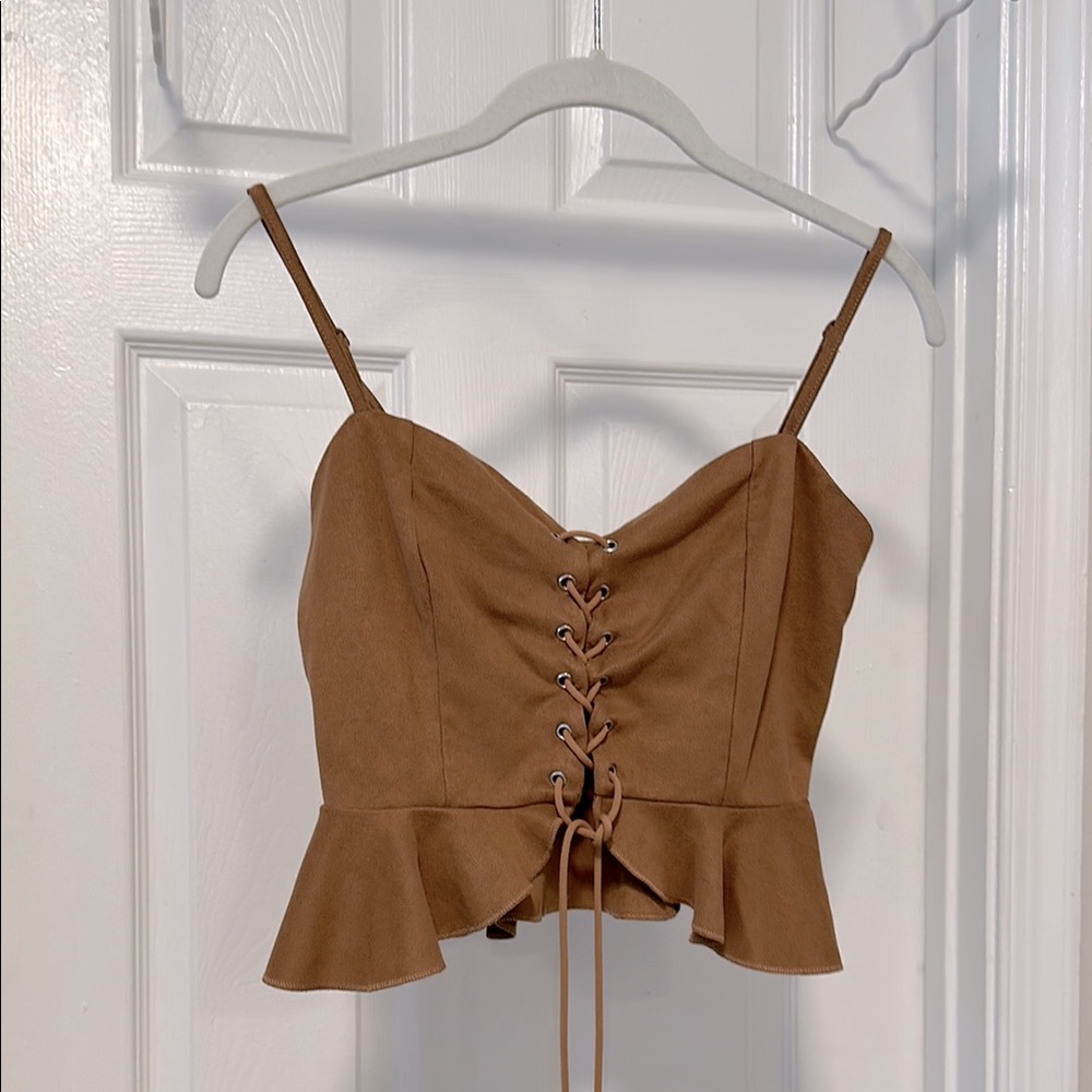Brown Lace-Up Peplum Top